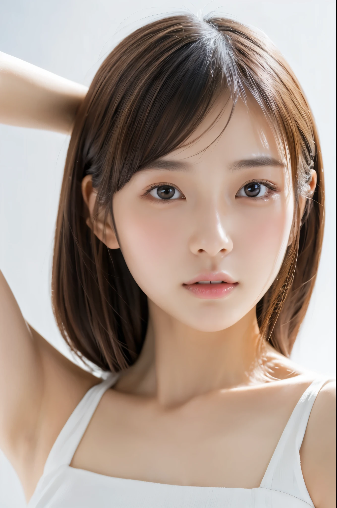 Young japanese lady, 30s, White background, It features a simple背景, white-brown hair, slender, 4K, in 8K, High quality, Beauty, Beautiful eyes, It features a simple, High resolution,1 person,Beautiful skins,Beautiful skin