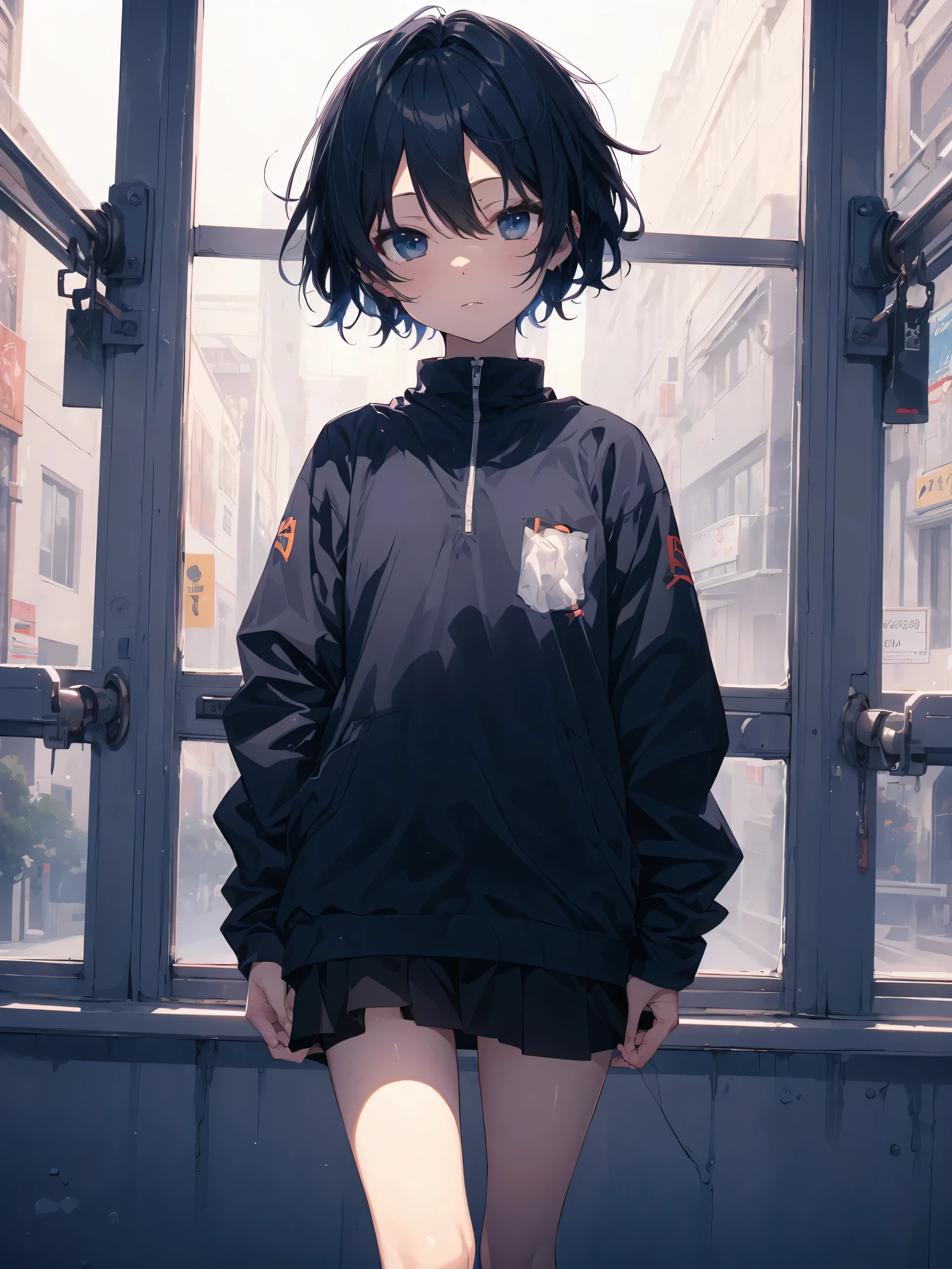 Super high quality by the art god, Ultra-detailed, High resolution, Gwise Style, anime moe art style, best anime 8K konachan wallpaper, Pixiv Contest Winner, Perfect Anatomy, BREAK,(Please draw a sleepy girl going to school alone.. ),BREAK, a hyperrealistic schoolgirl, (Solo,Lori,child,13years:1.3),Full limbs, complete fingers,a junior high school student, Androgynous attraction, (Very short hair), hair messy, flat chest, Small butt, groin, Small eyes,Beautiful detailed black eyes, Well-proportioned iris and pupils, disgusted eye, High resolution detailed hair, School uniform, Skirt,  On the way to school. BREAK,Ultra-detailed細なスキン, Best lighting by famous artists, 8K, Illustration.