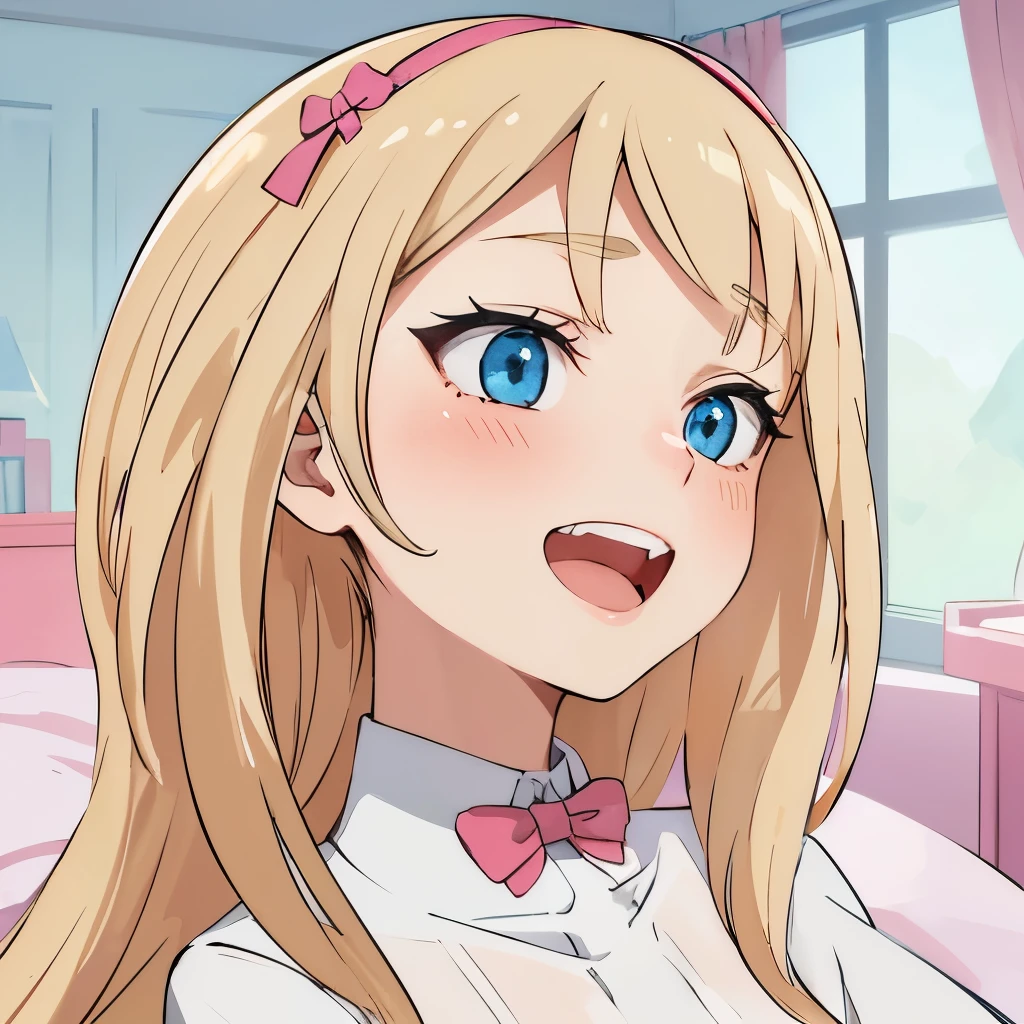 hiquality, tmasterpiece (One  girl). blonde woman. blue eyes. ssmile. open mouth with teeth. white  shirt. Pink Bow. In the background is a girl&#39;At the same time, If you.