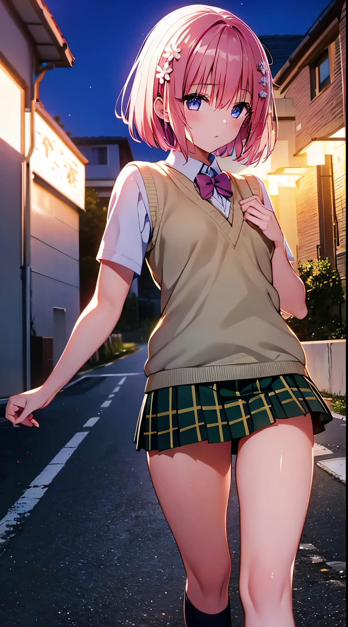 1girl in, Running on the road ,Full body, Looking back, from the rear ,From below, Cute , Pink hair, Short hair, Shiny hair , Flower hair ornament, pale green eyes, blush, Small breasts , School uniform , Blazer ,( pantyshot:1.1), (Floating skirt:1.1), (White panties) ,strong lights ,(((masutepiece))), (((Best Quality))), ((Ultra-detailed)), (Illustration), ((extremely delicate and beautiful)),NSFW