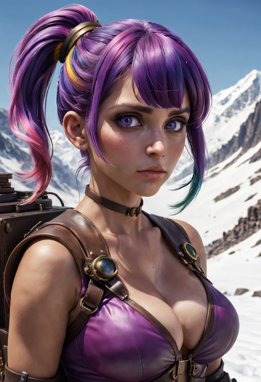 (photore_(middling):1.2), by Antonio J. Manzanedo, author:JeremyLipking, 1个Giant Breast Girl, looking at the camera in, (facing to audience:1.1), (photorerealistic:1.2), Hyper-realistic, photorerealism, closeup cleavage, head and shoulders, Purple hair with rainbow stripes, short detailed hair, pony tails, By bangs, eBlue eyes, Friendly, eyeslashes, steampunc, Sleeveless, subsurface skin scattering, snowy mountain background, 对称, depth of fields, 8K, vfx, HighDynamicRange, real time transmission