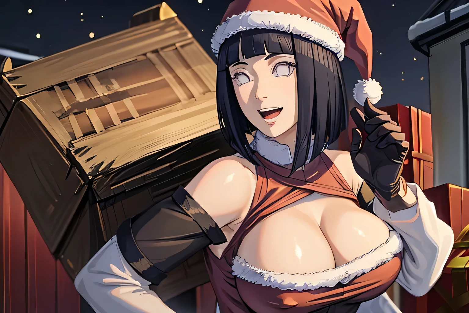 masterpiece,1girl, hinata hyuga,Her big breasts_hair, gloves, black_gloves, fur_trim, hat, santa_costume, christmas, open_mouth, smile, bell, solo, red_headwear, pantyhose, Christmas city_background, santa_hat,