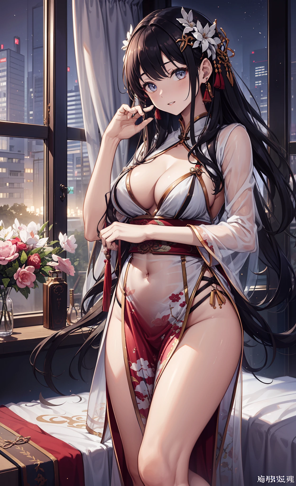 (NSFW:1.2), ( dancing girl  ), leotard style chinese dress, (see-through leotard:1.4) ,18year old, looking distantly, big breasts, Cowboy Shot,