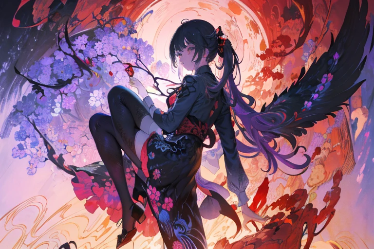 Masterpiece, Best Quality, RAW photo, Photorealistic, ultra photorealistic, HDR, 4k, 8K, 16k, Ultra Detailed, Extremely detailed, intricately-detailed, absurdress, (The woman:1.4), Demon body, rose, Beautiful, innocence, elegant, infected person, Smile, iridescent long hair, twin tail, Bangs, Jirai_Kay, GotGal, wearing a GotGal outfit, bow, hair bow, upskirt, Shirt, long sleeves, frills, bowtie, frilled dress, lace, band, lipstick, pale skin, Heart, Heart-shaped_pupils, (red and black:1.4), Pink, Purple, fractal filaments of the nebula, Flowers, Colorful, Dark background, swirling and glowing liquid veins, splash drawing, dripping color point leaf, Rich, deep colours, Japanese art of ink marbling, Hidden Treasure Vault, incredibly Colorful peacock feathers, florals, Cinematic, sharp-focus, eye shadow, High contrast, Dynamic Angle,