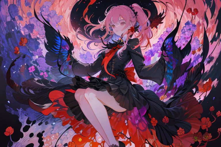 Masterpiece, Best Quality, RAW photo, Photorealistic, ultra photorealistic, HDR, 4k, 8K, 16k, Ultra Detailed, Extremely detailed, intricately-detailed, absurdress, (The woman:1.4), Demon body, rose, Beautiful, innocence, elegant, infected person, Smile, iridescent long hair, twin tail, Bangs, Jirai_Kay, GotGal, wearing a GotGal outfit, bow, hair bow, ???????, Shirt, long sleeves, frills, bowtie, frilled dress, lace, band, lipstick, pale skin, Heart, Heart-shaped_pupils, (red and black:1.4), Pink, Purple, fractal filaments of the nebula, Flowers, Colorful, Dark background, swirling and glowing liquid veins, splash drawing, dripping color point leaf, Rich, deep colours, Japanese art of ink marbling, Hidden Treasure Vault, incredibly Colorful peacock feathers, florals, Cinematic, sharp-focus, eye shadow, High contrast, Dynamic Angle,