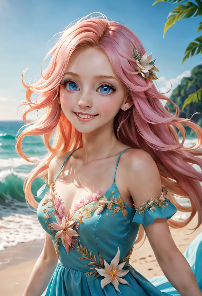 Exquisite and beautiful CG imageest quality at best, ultra - detailed, A high resolution),(dynamic angle, 动态照明),(1 character),(Long pink and blonde hair), eBlue eyes, pretty  face), 1 girl, (long sideburn, a plant, ssmile, Long blue dress, 3 days, the ocean, Eau, beach ball, sea shell, and the sun was shining brightly, Windy