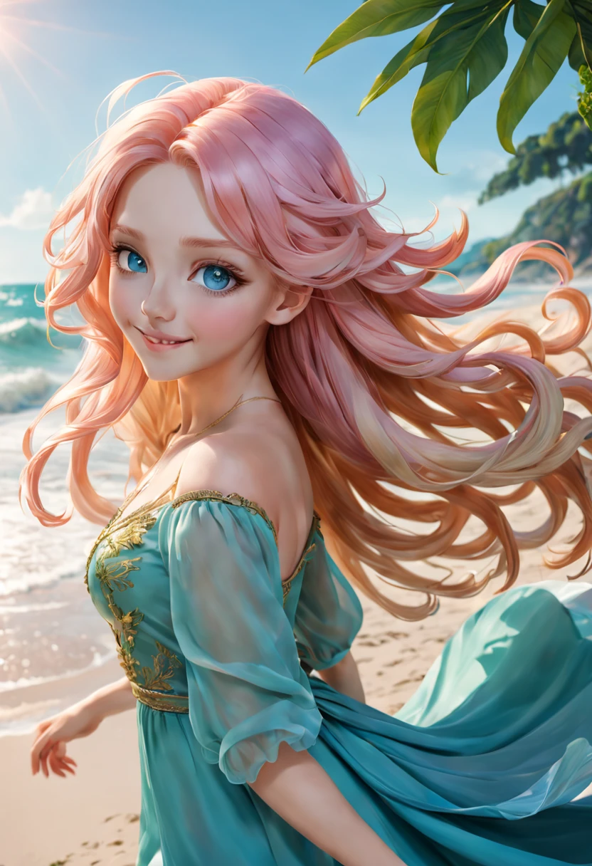 Exquisite and beautiful CG imageest quality at best, ultra - detailed, A high resolution),(dynamic angle, 动态照明),(1 character),(Long pink and blonde hair), eBlue eyes, pretty  face), 1 girl, (long sideburn, a plant, ssmile, Long blue dress, 3 days, the ocean, Eau, beach ball, sea shell, and the sun was shining brightly, Windy