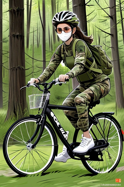 Illustration style, of the highest quality, A woman riding a bicycle with a ponytail, Black-rimmed glasses,White mask,Wearing camouflage clothing,Camouflage suit pants,in woods,Camouflage includes ,riding in a hurry,