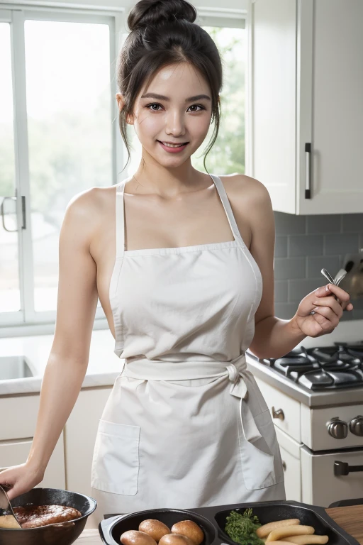 There is a woman in a white dress posing in the kitchen, beautiful japanese female, 1 Blonde Woman, Gorgeous young Korean woman, 22-year-old girl, Beautiful Asian Girl, Beautiful young Japan woman, Beautiful Asian Woman, In the kitchen, Japanese Models, gorgeous chinese model, Yui Arakaki, goddess of Japan, taken with canon 5d mk4, sakimichan hdri,8K high quality、White apron,Apron naked