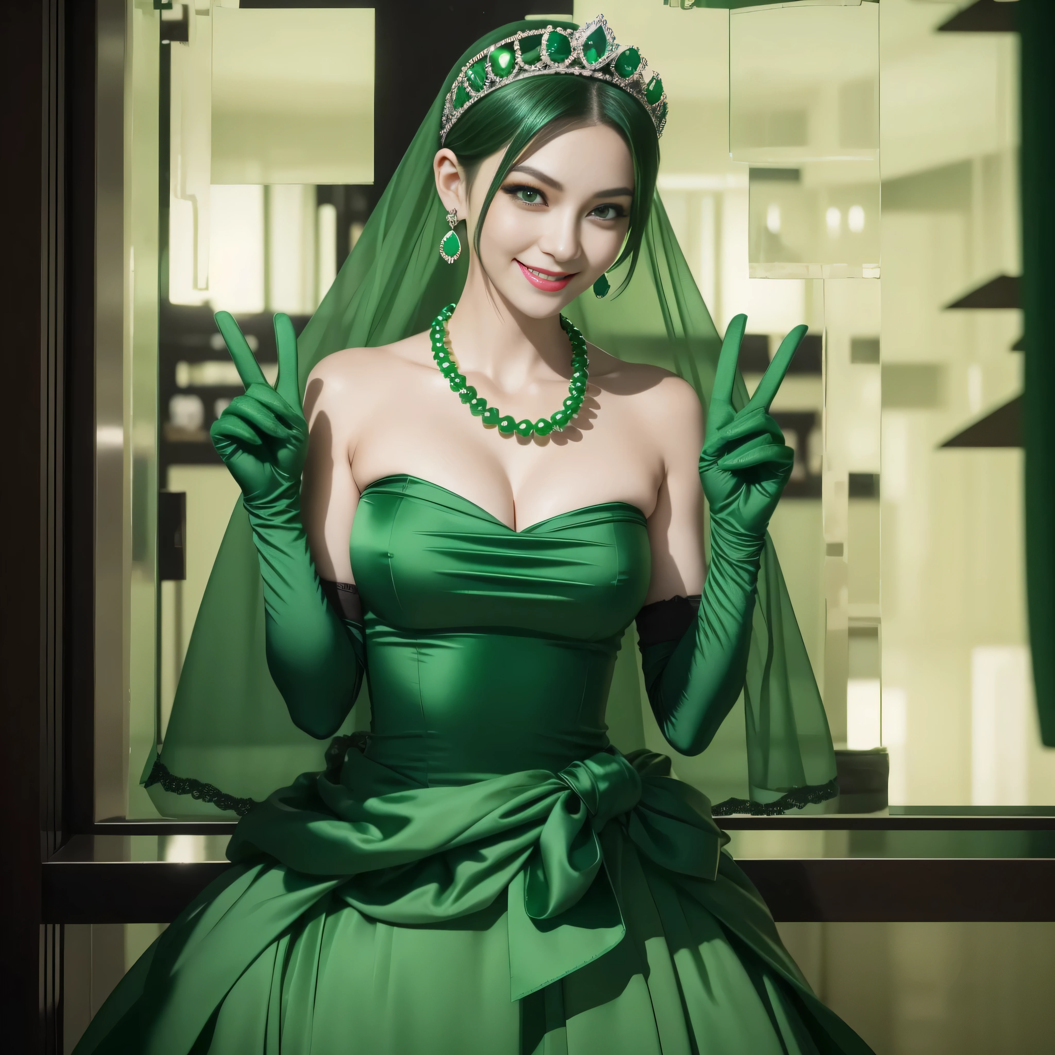 emerald tiara, Green Pearl Necklace, Boyish very short green hair, lipsticks, Japan woman smiling, very short short hair, big breasts beautiful, Green eyes, Long green gloves made of satin material, Green eyes, Emerald Earrings, green vale, v sign