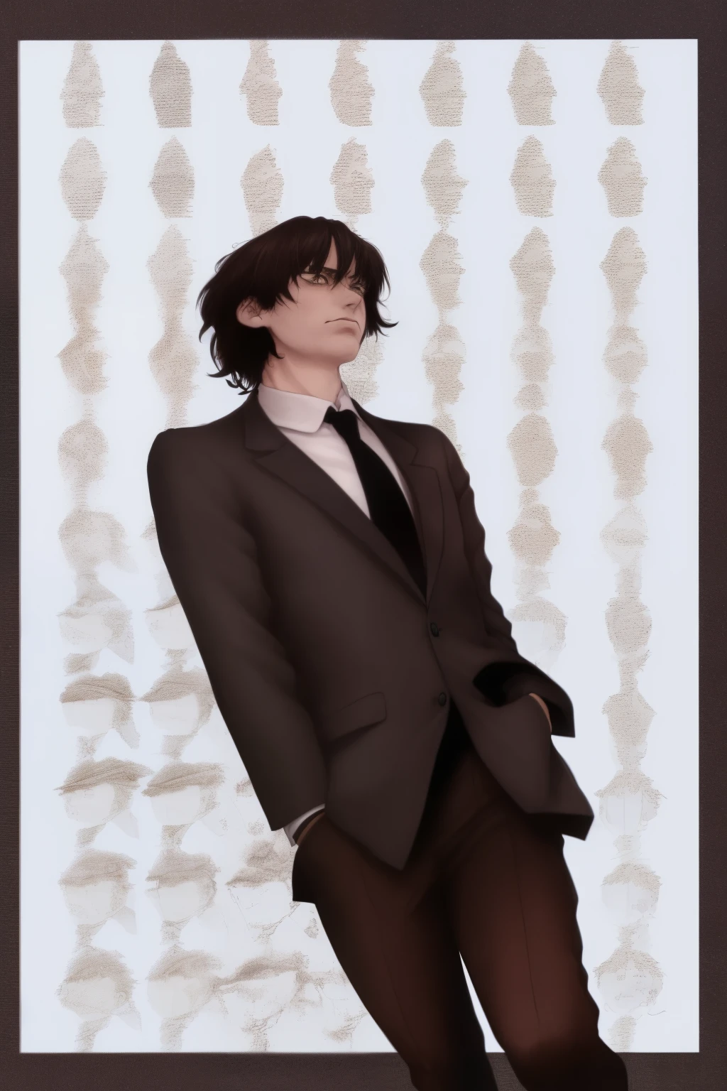dressed in a suit、French-German man in tie looks up while walking, finn wolfhard, araki, declan mckenna, catalogue photo, wearing a worn out brown suit, Nagai Yuya, Epic non-binary model, 精致的hermaphroditism的王子, araki style, hermaphroditism, Daisuke Tsutsumi, author:Yasutomo Oka