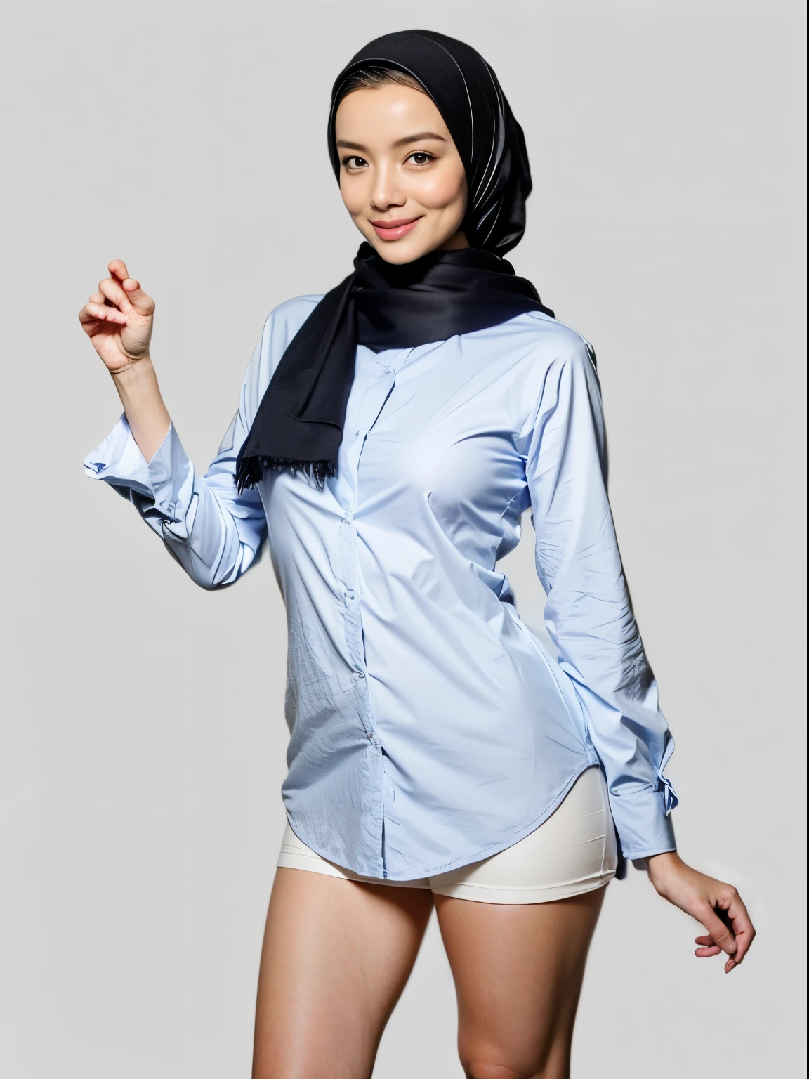 1girl, (photorealistic, high resolution:1.4), ((looking at viewer)), (full body), (realistic), (photo-realistic :1.2),(sharp focus:1.2), (detailed:1.5), professional lighting, photon mapping, radiosity, physically-based rendering, (pale skin:1.2), portrait , realistic, (masterpiece:1.4), (best quality:1.4), (shiny skin), smile, (slim body:1.3), (white button down-shirt:1.4), ((black ponytail with bangs)), (Erect nipple:1.2), exposed breast:1.4, (sweat), plain white background, (standing), ((spread legs wide open)), camel toe, sexy pose, ((NSFW)), smiling