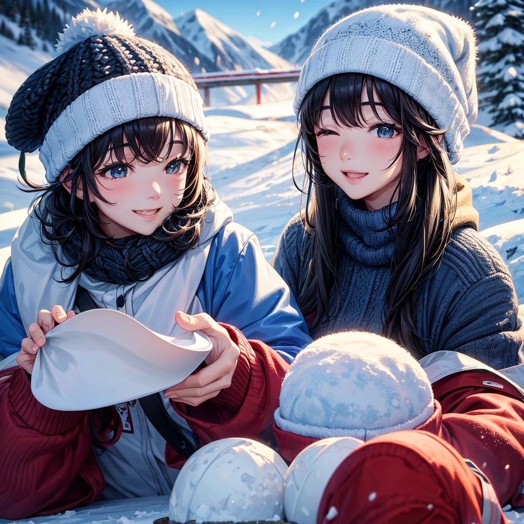 top-quality、femele、knit hat、Snowboarding down a snowy mountain