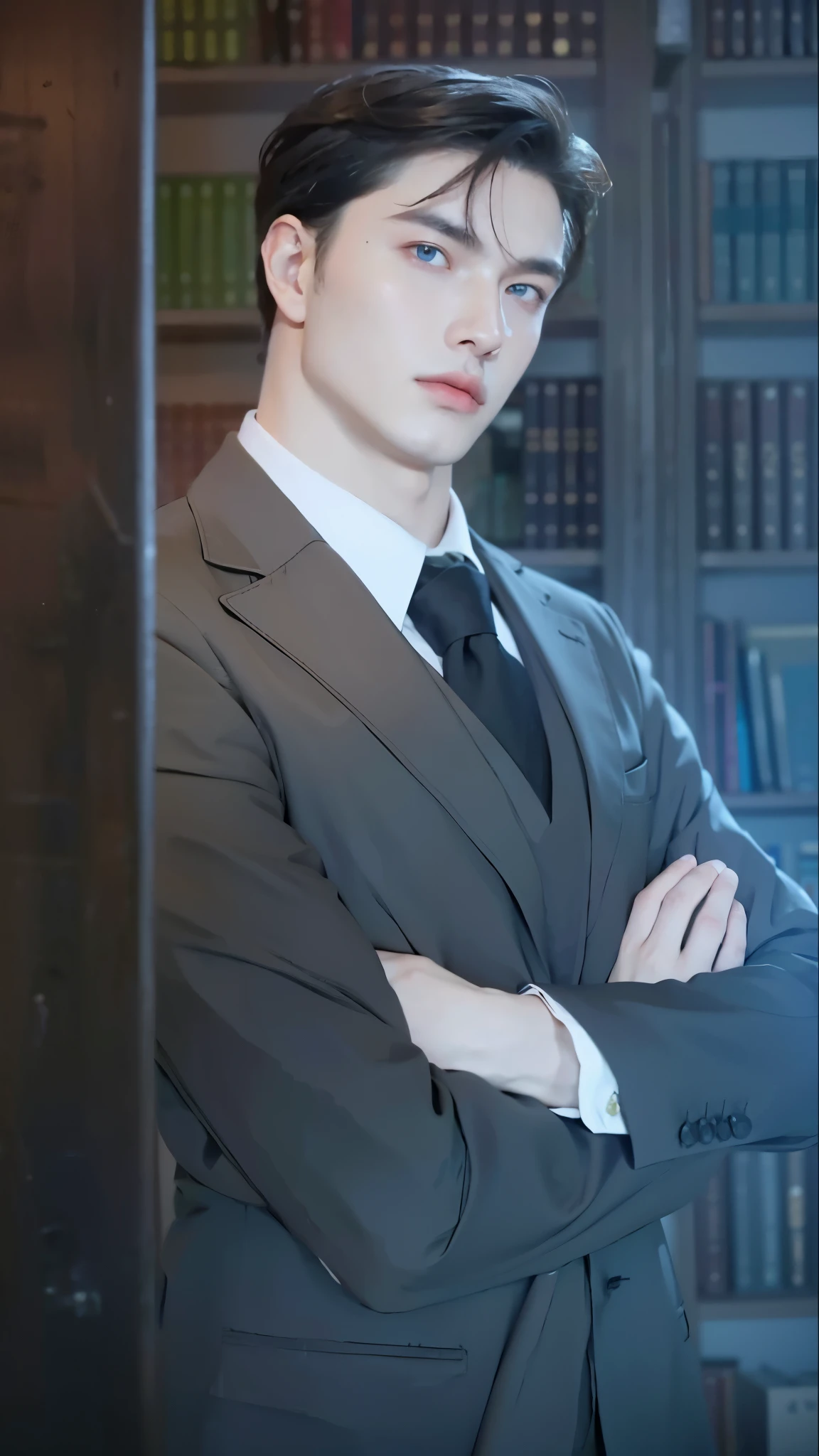 Masterpiece,1man,male,has the face of a stern American man,blue eyes,looking forward,staring with a cold gaze,putting on a flat and mysterious face,white skin,mature man with a firm face,25 years old,glowing skin,steady,best quality,portrait of a man,clean man
