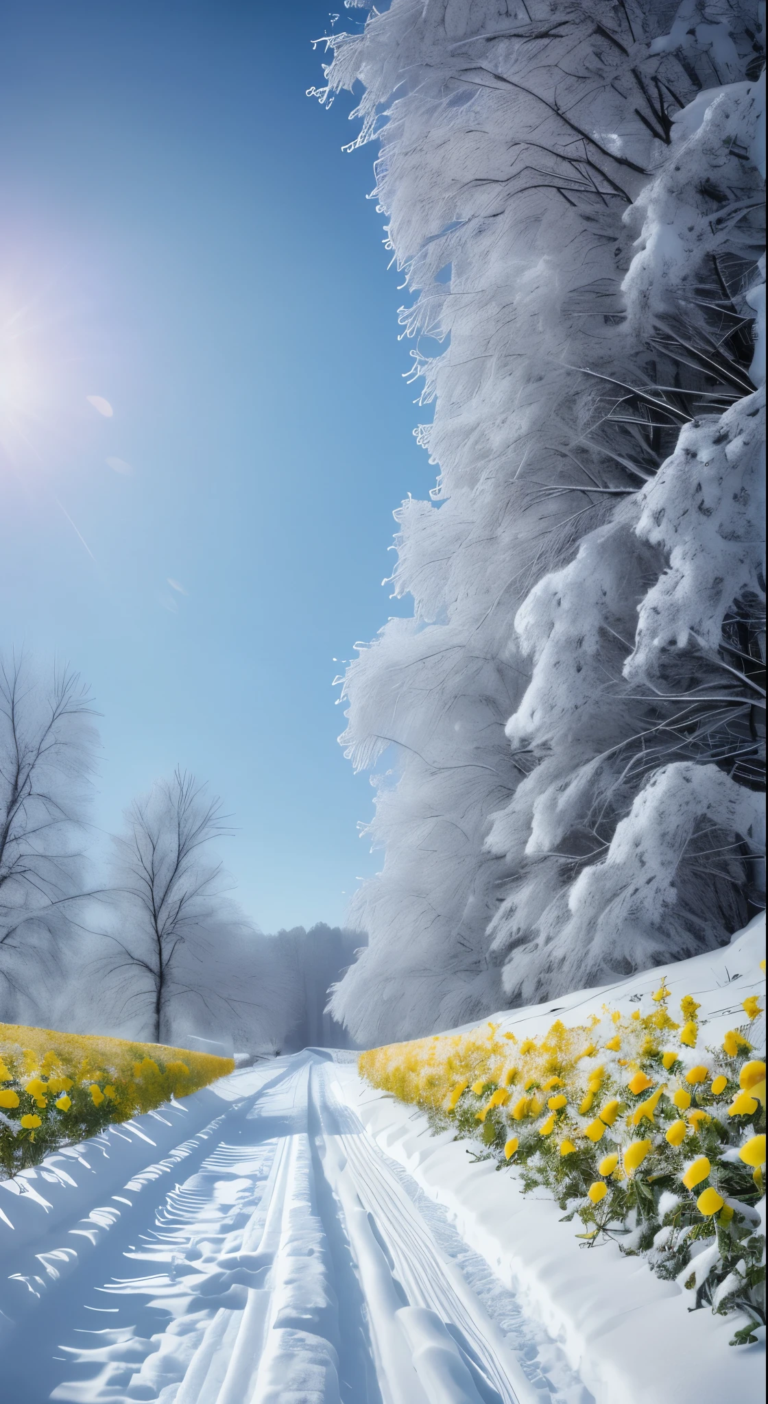 In the snowy fields,Yellow roses are covered in dust and snow, roses in cinematic light, beautiful snowy landscape, beautiful composition 3 - d 4 k, beautiful winter area, warm beautiful scene, winter setting, Gentle snow, very beautiful photograph of, Winter in the snow, Beautiful nature, beautiful digital art, no human