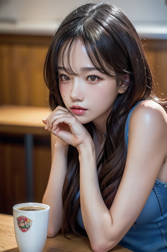 Best quality, masterpiece, ultra high res, (photorealistic:1.4), raw photo, 1girl, inside cafe, closeup, looking at viewer, long hair