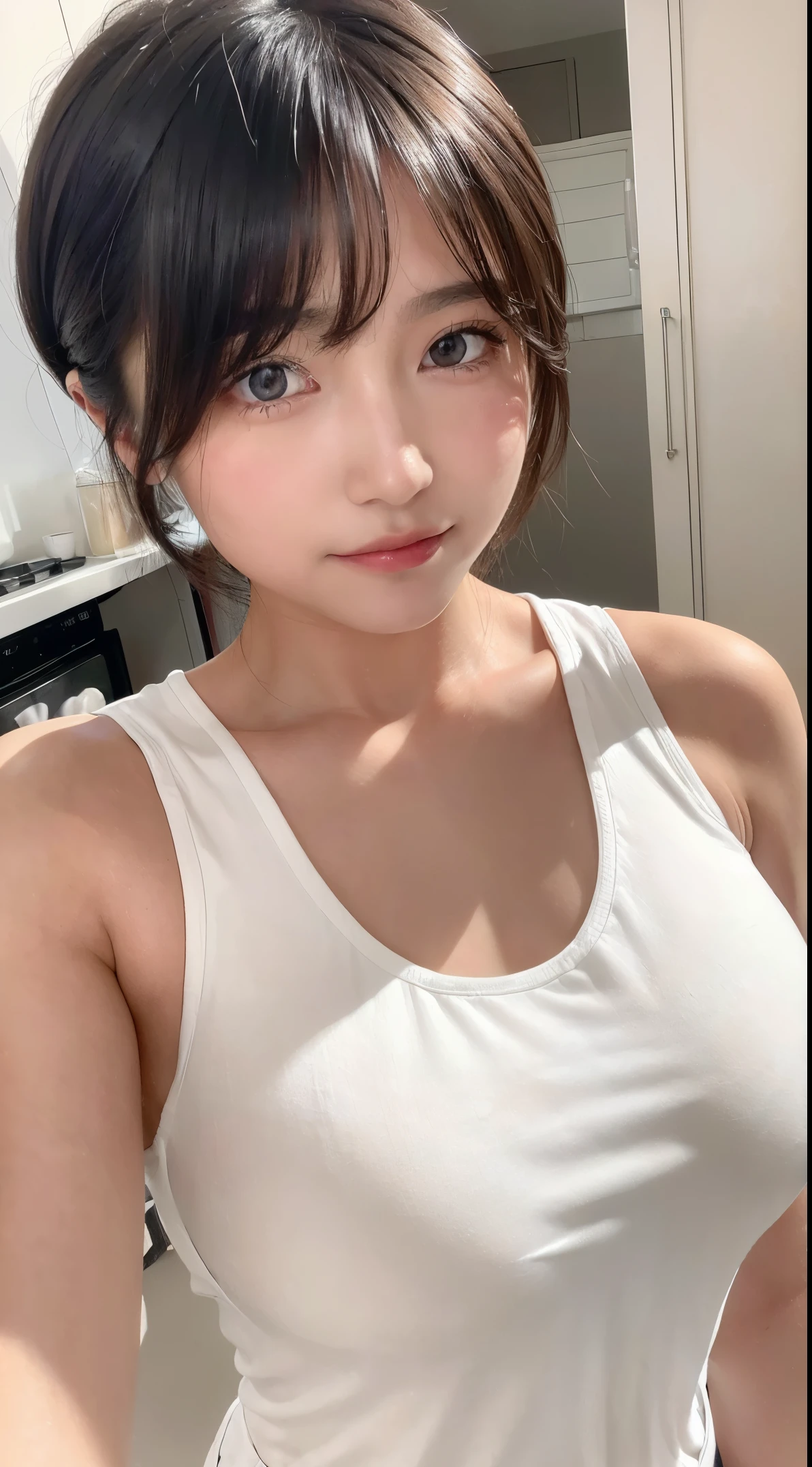 (In the kitchen of an old folk house:1.5)、((Wearing a white tank top:1.5))、((Bottoms wear gray urethane sports shorts:1.3))、(masterpiece、top-quality) 、Soft lighting、absolutely outstanding image, very extremely beautiful、masterpiece, top-quality,Photos, kawaii、(Colossal tits:1.2)、 girl、(The skin is reddened:1.3)、Young adorable Japan face, dewy skin, close up of face, Young Face, soft portrait shot 8 k, If々Shishi Japan girl realistic young idol、Young cute gravure idol、Young gravure idols、Young gravure idols、model in Japan