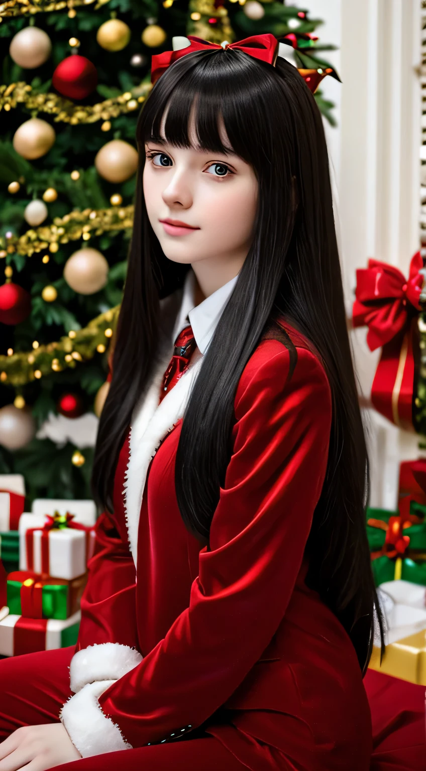 A beautiful 16 year old pale skinned girl, Pelo largo y negro con flecos gruesos, wearing a christmas outfit, Tema de Navidad, christmas tree