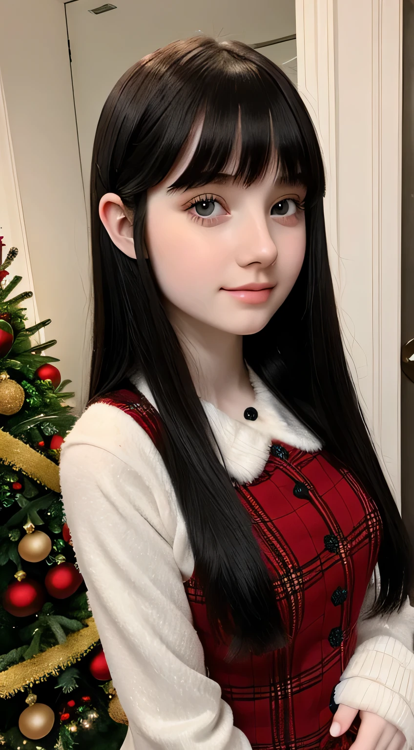 A beautiful 16 year old pale skinned girl, Pelo largo y negro con flecos gruesos, wearing a christmas outfit, Tema de Navidad, christmas tree