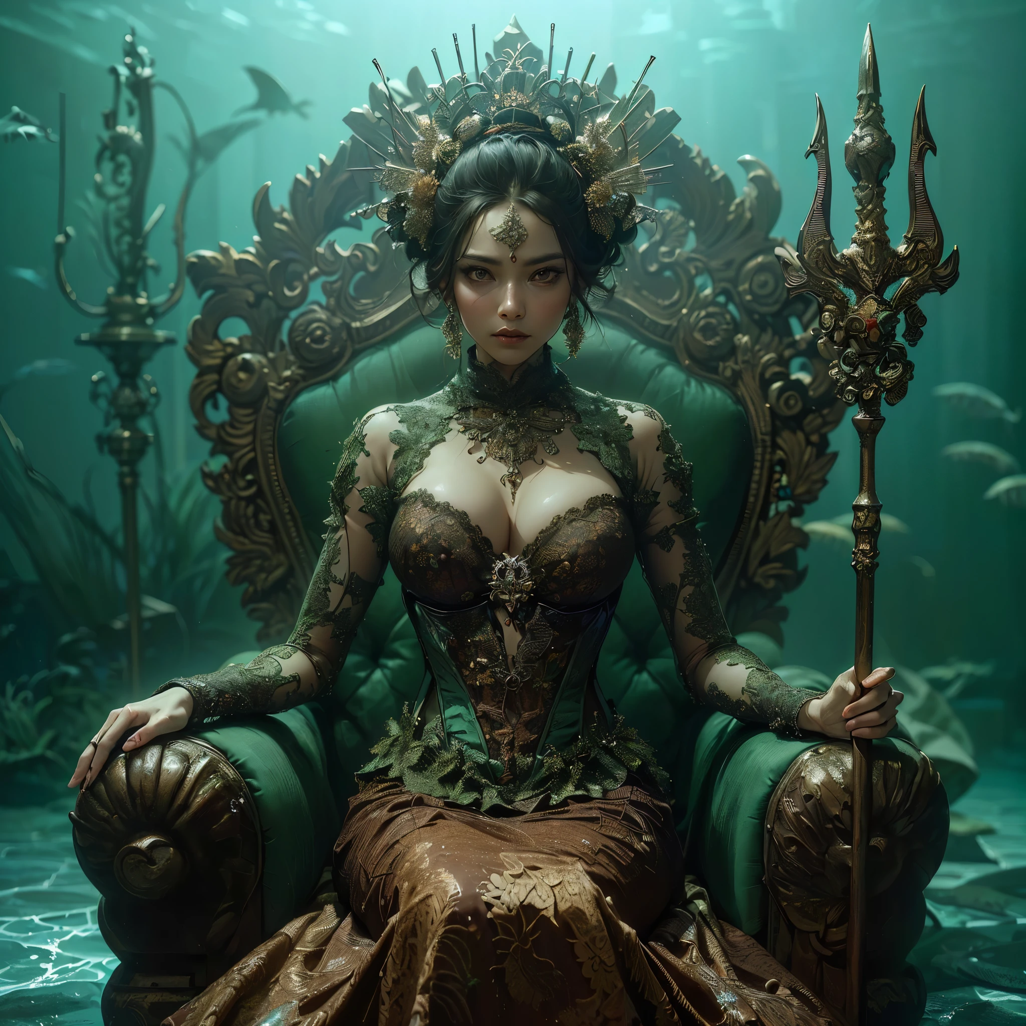 generate nyi roro kidul ((((gigantic breqst:1,9))), wearing tight luxury green kebaya, luxury bustier corset, batik tight long skirt and short chignon hair, slim waist, propotional body, charming and horror expression face, sitting on her throne under the sea, she is holding a luxury trident, her aura is like a queen aura, make the picture looks so tense as she is looks angry, masterpiece, hyperdetail, 8k, ambient effect, digital effect, (((nsfw))), (((nude))), (((nipples))), (show boobs), (show cleaveage), masterpiece, best quality:1.2),,(8k,highres,RAW photo,realistic,photo-realistic:1.3),(detailed skin texture,detailed cloth texture,beautiful detailed face:1.25),professional lighting,photon mapping,beautiful soft light,radiosity,physically-based rendering,raytracing, model shoot style, model shoot style, (extremely detailed CG unity 8k wallpaper), full shot body photo of the most beautiful artwork in the world, (((nsfw))), (((nude))), (((nipples))), (show boobs), (show cleaveage)