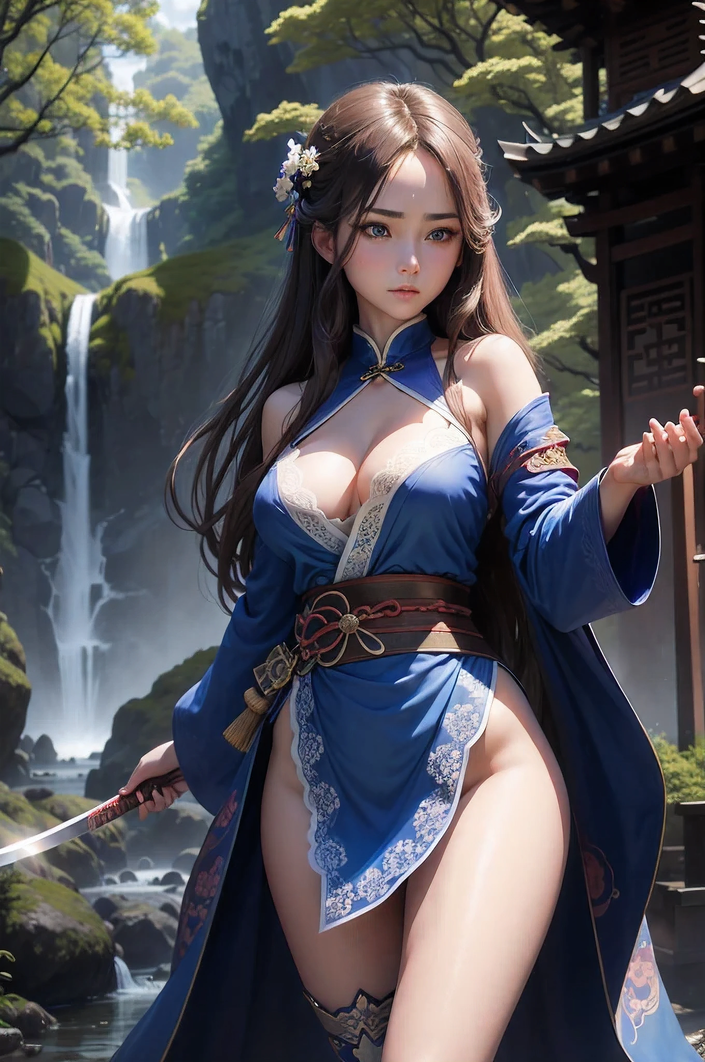 Girl, standing, really long brown hair, blue eyes, medium breasts, skinny, blue short kimono, cleavage, lace thigh-high stockings, holding a huge katana in her right arm, two arms only, needle light, cinematic light, trees, waterfall with a Chinese shrine on top, blue sky, white clouds