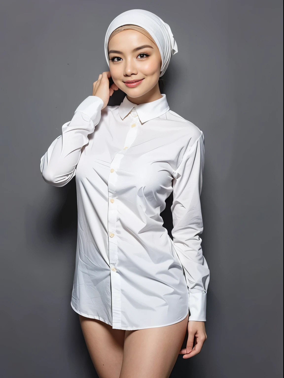 1girl, (photorealistic, high resolution:1.4), ((looking at viewer)), (full body), (realistic), (photo-realistic :1.2),(sharp focus:1.2), (detailed:1.5), professional lighting, photon mapping, radiosity, physically-based rendering, (pale skin:1.2), portrait , realistic, (masterpiece:1.4), (best quality:1.4), (shiny skin), smile, (slim body:1.3), (white button down-shirt:1.4), see through skin panties, ((black ponytail with bangs)), (Erect nipple:1.2), exposed breast:1.4, (sweat), plain white background, (standing), ((spread legs wide open)), camel toe, sexy pose, ((NSFW)), smiling