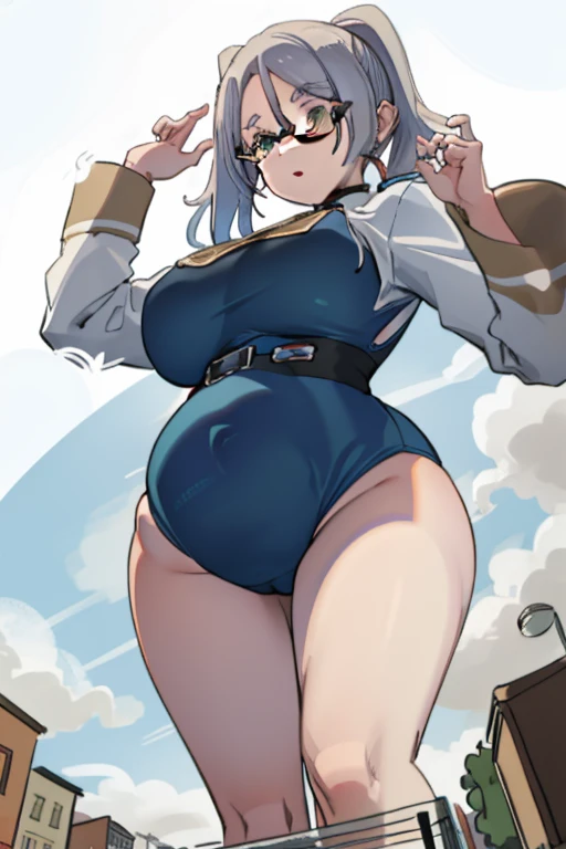 (Masterpiece) Giant maiden,Moe two-dimensional style,Pregnancy status,Round belly, Huge breasts, Thick thighs,Gaze at the bustling city, Lying down, Glasses, Full body