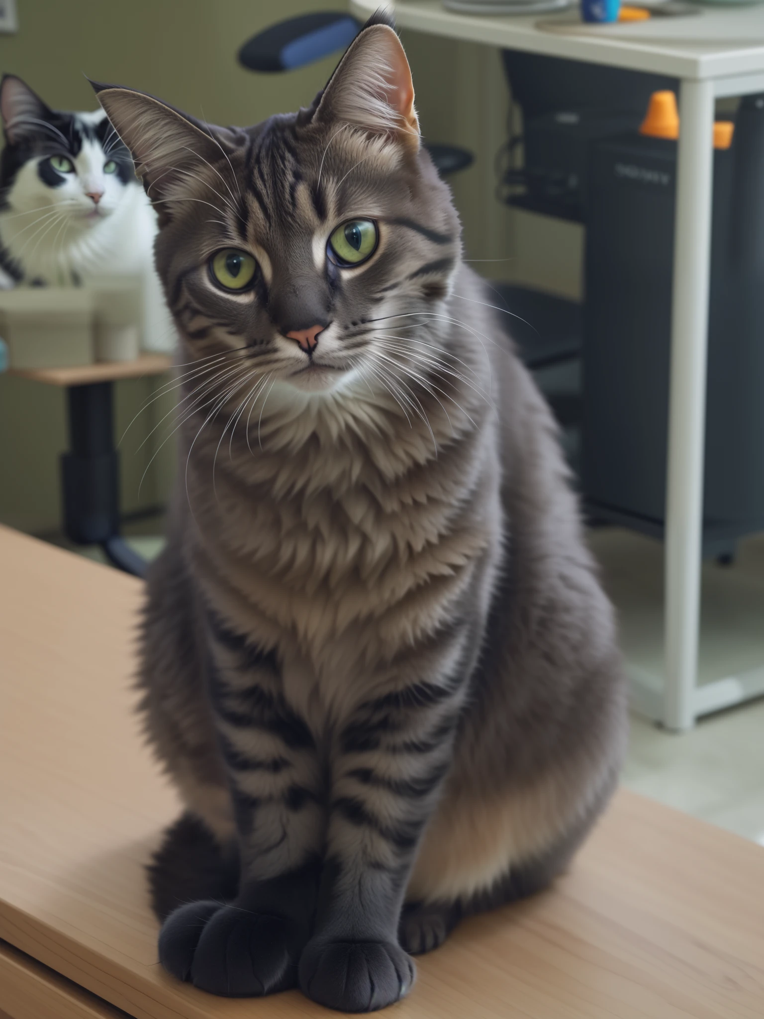 there is a cat sitting on a box in the room, Cat on the table in front of her, Cat on the table, sitting on top a table, Fat cat on the table, sitting on top a table, Sitting on a desk, taken with sony alpha 9, sitting on top a table, sitting on a laboratory table, casually sitting down, looking up at the camera