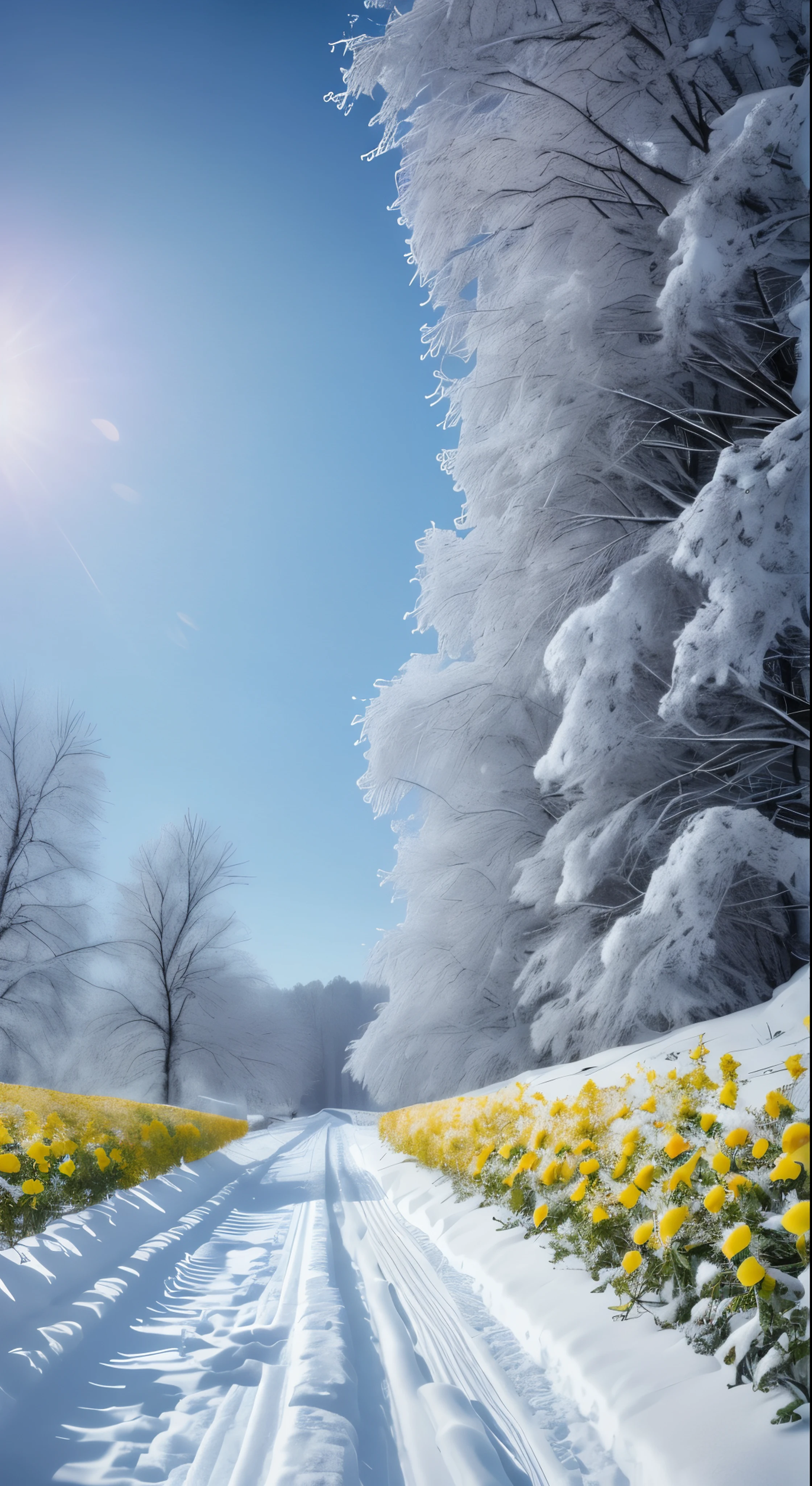 In the snowy fields，Yellow roses are covered in dust and snow, roses in cinematic light, beautiful snowy landscape, beautiful composition 3 - d 4 k, beautiful winter area, warm beautiful scene, winter setting, Gentle snow, very beautiful photograph of, Winter in the snow, Beautiful nature, beautiful digital art, no human