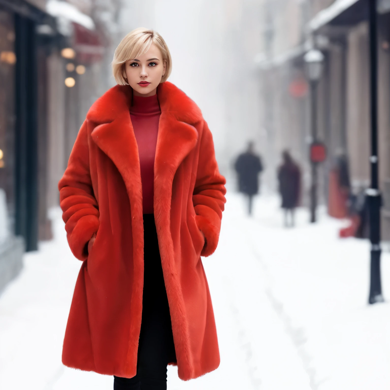 original, extremely detailed, beautiful background, focus background, 4k, best quality, realistic, real, photorealistic, cinematic lighting, photorealism, super quality, very detailed, masterpiece, New Year's mood garlands and many boxes of gifts, carrying a lot of New Year's gifts in her hands, walking along a snowy street, wearing a red fur coat, the coat is all covered with red fur, Absolutely one blonde French young woman with a very short haircut, very beautiful, big fat eyelashes, plump pumped lips, dynamic pose