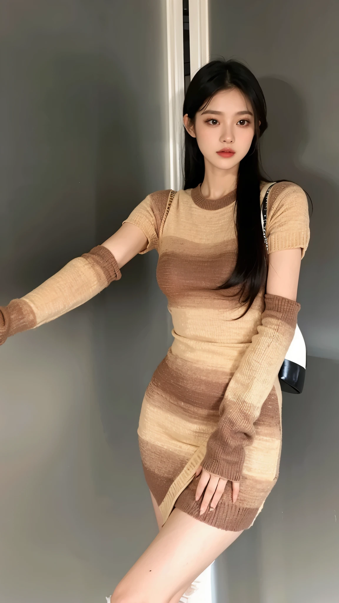 uma mulher em um vestido marrom posando para uma foto, roupas marrons, 2 0 2 0 moda, y estilo 2k, estilo y2k, translucent dress, vestido sexy, em um vestido, muted arm colors, vestindo um marrom, vestido claro meio aberto, vestido coberto completo, linda senhora, vestindo roupas apertadas, vestido justo, linda Delphine, jisoo kim, coreana, jisoo do blackpink