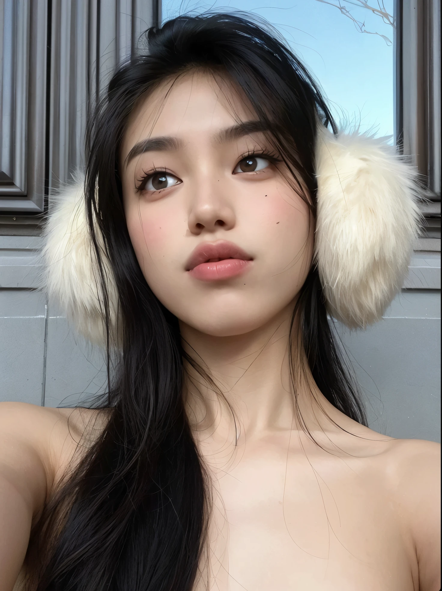 mulher arafa com longos cabelos pretos e protetores de orelha brancos, young cute wan Asian face, asian features, Asian face, menina coreana, beautiful Asian girl, wan adorable korean face, Asian girl, an Asian woman, Xision Wu, Mulher sul-coreana bonita, Gongbi, Anime Menina Tailandesa, a young asian woman, franja fofa, Sha Xi