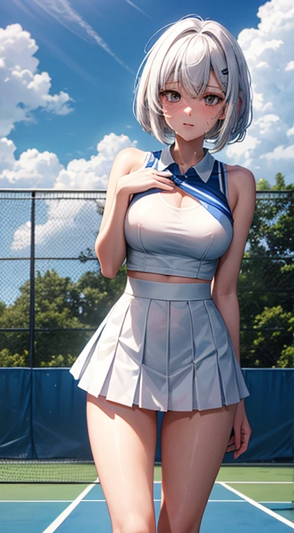 High school students　エロ　C Cup　white  hair　bob　Naked　Being on the tennis court　Beautuful Women　tall　Constriction　Giving a　Have sex　　wearing white and blue tennis clothes　Sweating　teats　Show your butt　flipping up tennis skirt　protruding chest