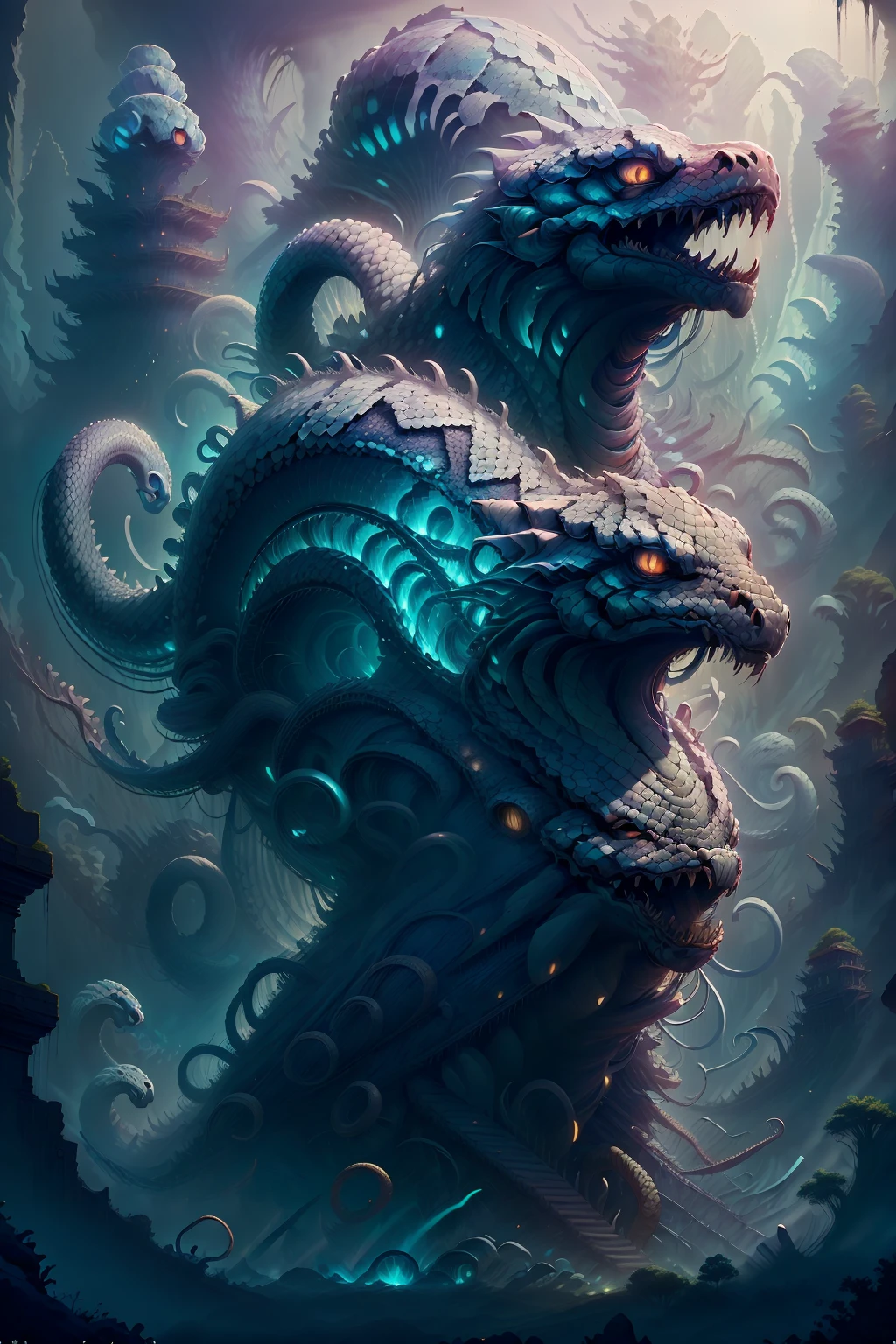 Generate a visually striking AI artwork featuring a colossal and majestic white serpent coiled in a dynamic pose. Envision the giant snake with intricate details, from the glistening scales to the elegant curves of its massive body. Picture the serpent against a backdrop that emphasizes its immense size, perhaps with elements like towering mountains or expansive landscapes to enhance the sense of scale. Infuse the scene with a soft, ethereal light, creating a captivating atmosphere that balances the majestic and the mystical. This prompt aims to transport viewers into a realm where the sheer grandeur of a giant, luminous white snake becomes a mesmerizing focal point in a visually compelling and fantastical setting