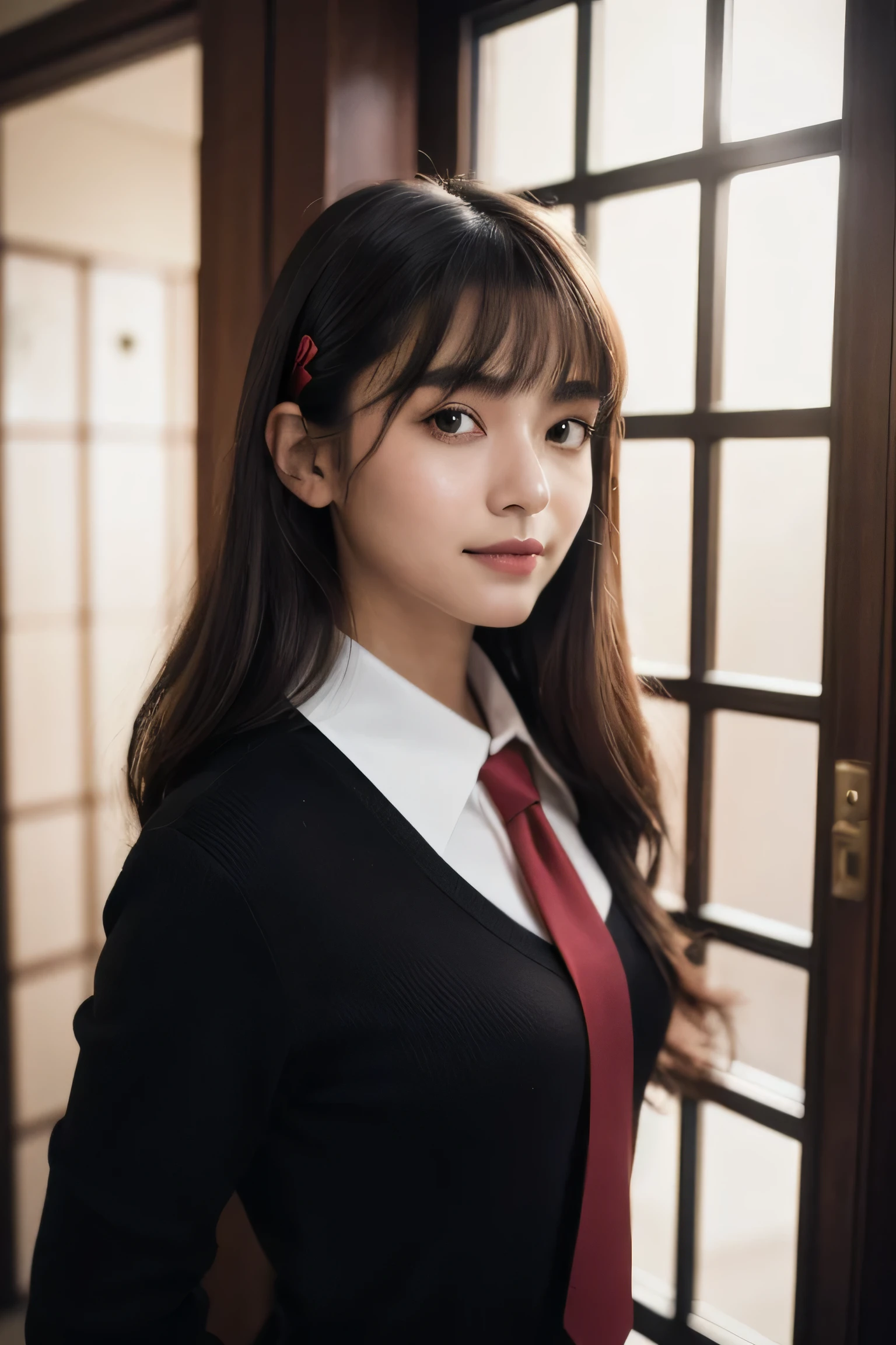 masterpiece, best quality, ultra-detailed, illustration, epic lighting, cinematic composition, isometric, 1girl, solo, cute, brown eyes, black hair, swept bangs, single sidelock, red hairclip, white collared shirt, black necktie, black pants, formal, enchanting gaze, captivating pose, indoors, office, door, opening door, looking at viewer, peeking out upper body, blush, seductive smile, closed mouth,