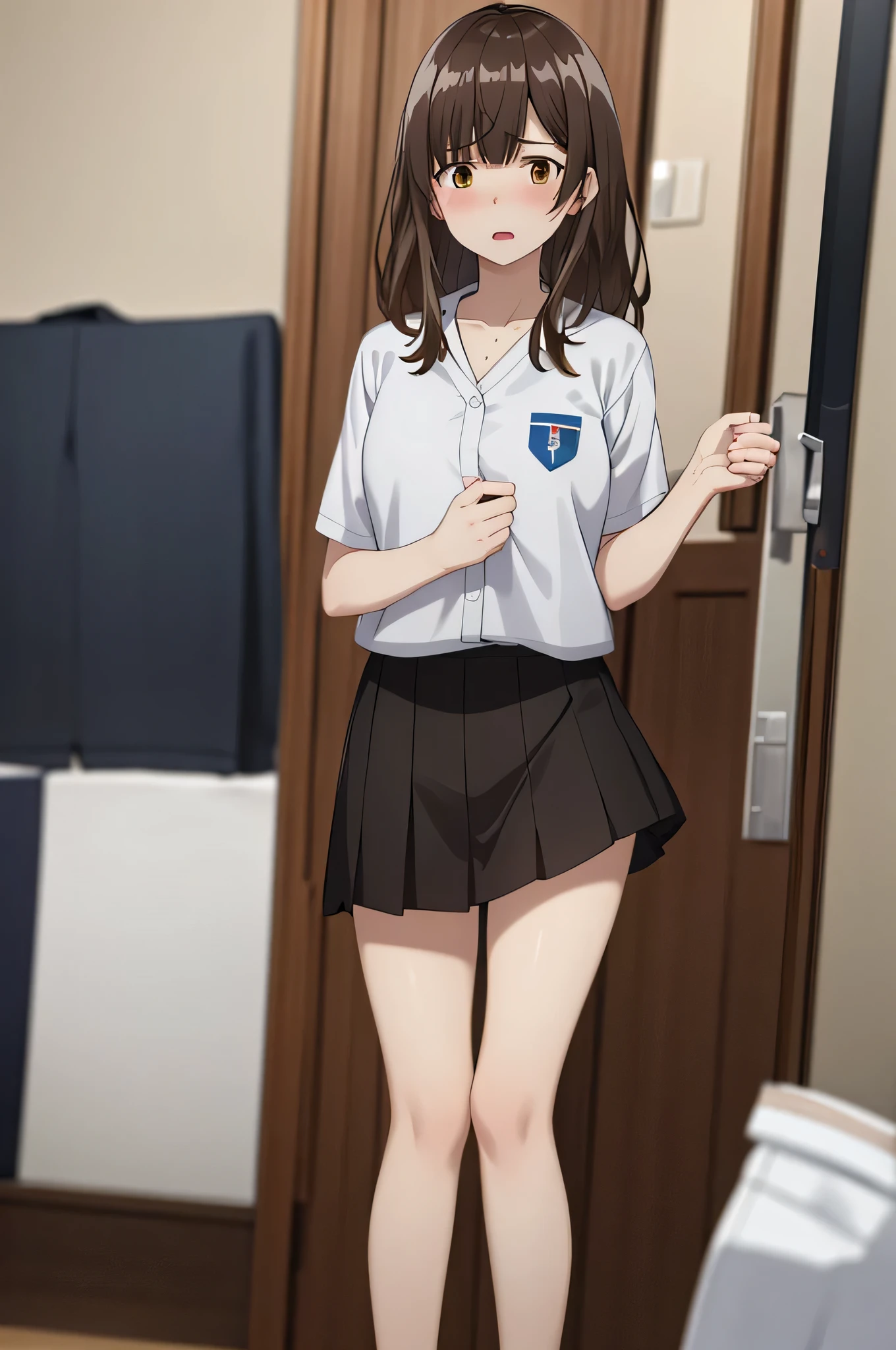 ultra - detailed, A high resolution, (actual, realistically: 1.4), 8K,(tmasterpiece:1.2), The content is very detailed, Indoors, 1 Sister, Alone, Sayu Ogiwara,looking at viewert, RAW photogr, physically-based renderingt, college girl, Brown hair long, sandbeach, _The white_The shirt、burnt complexion、loose socks、Panchira、,Bend your legpose the bottom of the skirt，cleanness