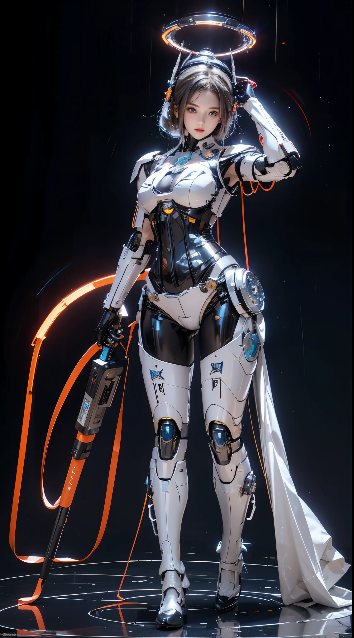 realisticlying, A high resolution, a 1 womone, hip-up, droid, Mecha Maiden,mechanicalparts, droid joints,single mechanical arm, Hats, Mechanical Aura,star halo,Complex mechanical body suit, mecha corset, Full A, White mecha body