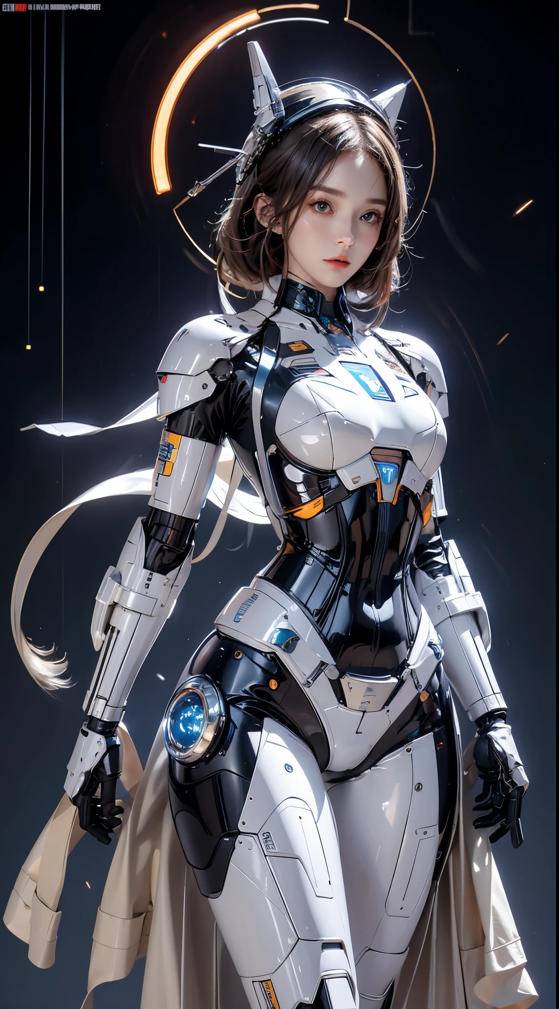 realisticlying, A high resolution, a 1 womone, hip-up, droid, Mecha Maiden,mechanicalparts, droid joints,single mechanical arm, Hats, Mechanical Aura,star halo,Complex mechanical body suit, mecha corset, Full A, White mecha body