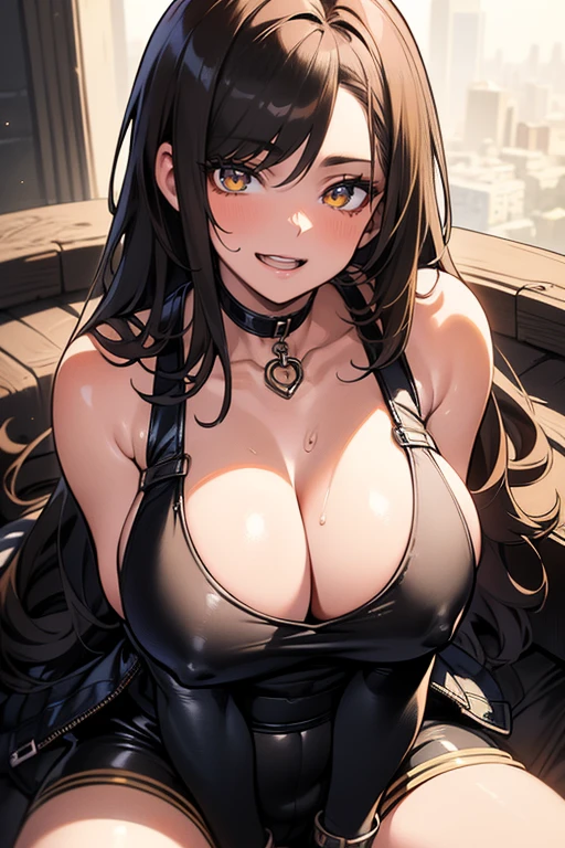 (masterpiece), best quality, Detailed, Ultra-Detailed, Digital Art, Detailed Face, (Hyper-Detailed Eyes:1.2), (Absurdres:1.2), (Realism:1.2), (Realisitc:1.2), expressive eyes, perfect face, massive , very curvy, long brown hair, yellow eyes, goth girl, full lips, seductive, smiling, at home, (tank top, choker, leather jacket: 1.1), (hotpants: 1.2), revealing clothes, cleavage, at home, massive , wide , sweating, 1 female, sitting down, , facing the viewer, (tsunredere: 1.3)