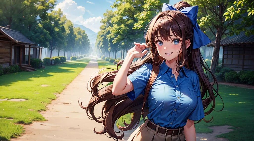 1girl, solo, full body, village, trees, brown hair, long hair, curly hair, ponytail, large breasts, button down shirt, police, ((blue shirt)), ((unbuttoned shirt)), ((short sleeved shirt)), blue eyes, skirt, grin, looking at the viewer, standng, hair ribbon