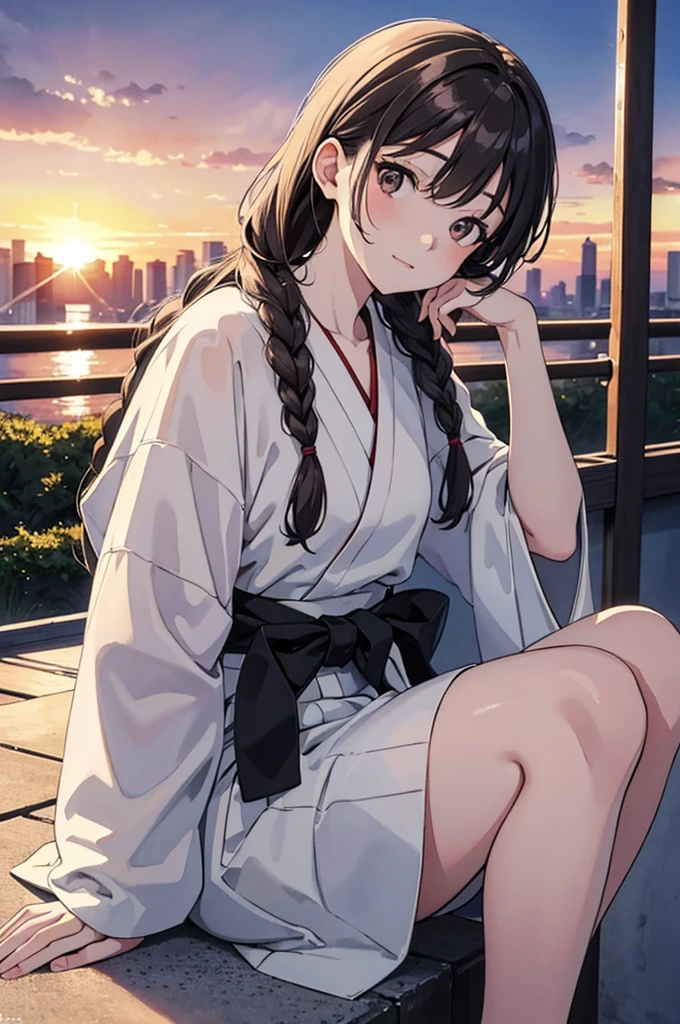 (Simple, pale watercolor), Masterpiece, (8K, highest quality), (Simple, pale watercolor), 1 cute girl, Japanese, braids, (Sunset: 1.2), (Sitting: 1.0), (Slight smile : 0.7), (Reinforced concrete school stairs: 1.0), (Knee up: 1.25), (Make: 0.1)