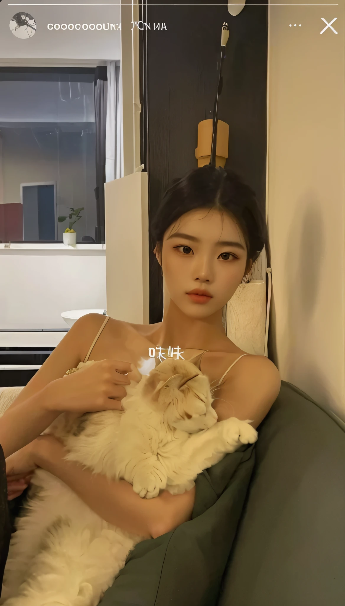 Korean woman sitting on a sofa holding a cat and looking at the camera, muito bonita gatinha fofa, gorgeous chinese model, Xintong Chen, Wenfei Ye, Lulu Chen, Xision Wu, xue ele, menina gato atraente, gatinha jovem bonita, por Ni Tian, Qifeng Lin, Ulzzang, Shen Mingchen, 18 anos, kim jisoo, gato gofo, melhor qualidade, HD, jisoo do blackpink