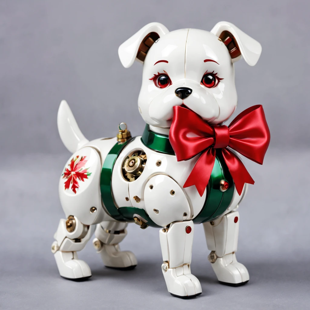 The Christmas gift is a cute mechanical dog decorated with a red bow,