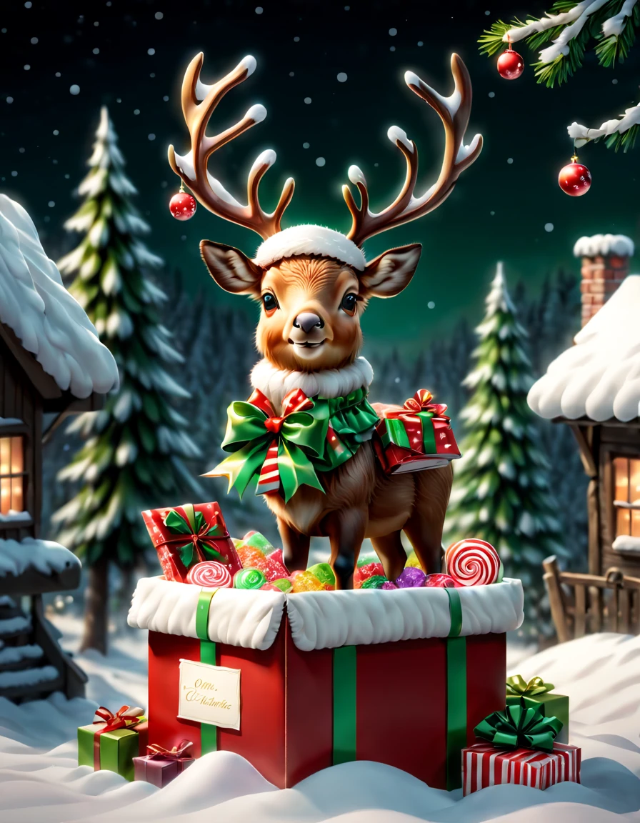 (((Cute elk holding a book and a bag of candy,Standing inside an open gift box))),Robin perched overhead,Christmas elements,illustration,3D rendering,snow covered ground,Festive decorations,candy wrappers,Holiday Clotheest qualtiy,8k,A high resolution,tmasterpiece:1.2),ultra - detailed,フォトリアリスティック,studio lit,Extreme detail description,professional,vivd colour,Christmas theme,Winter wonderland,节日illustration,vivd colour,snow-white,Festive red and green,Warm and cozy Christmas lighting