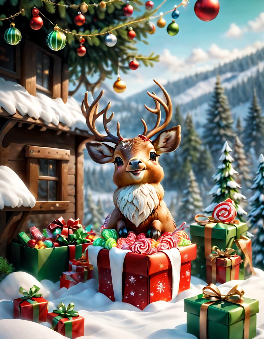 （（（Cute elk holding a book and a bag of candy，Standing inside an open gift box））），Robin perched overhead，Christmas elements，illustration，3D rendering，snow covered ground，Festive decorations，candy wrappers，Holiday Clotheest qualtiy，8k，A high resolution，tmasterpiece：1.2），ultra - detailed，フォトリアリスティック，studio lit，Extreme detail description，professional，vivd colour，Christmas theme，Winter wonderland，节日illustration，vivd colour，snow-white，Festive red and green，Warm and cozy Christmas lighting