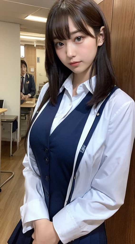 Japanese high school uniform,couple flirting,(Too big:1.8),Large breasts droop,,The upper body is exposed