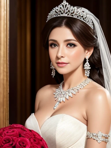 Lebanese lady, earrings, naked, necklace, bracelets, diamonds, 40 years old, strapless wedding dress, tiara and veil, bouquet, portrait, western style wedding, bright colors
