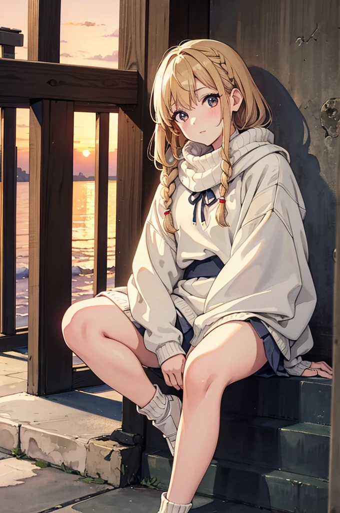 Masterpiece, (8K, highest quality), (Simple, pale watercolor), 1 cute girl, Japanese, braids, (Sunset: 1.2), (Sitting: 1.0), (Slight smile: 0.7), Warm sweater, (Reinforced concrete school stairs: 1.0), (knee up: 1.25), (make: 0.1)