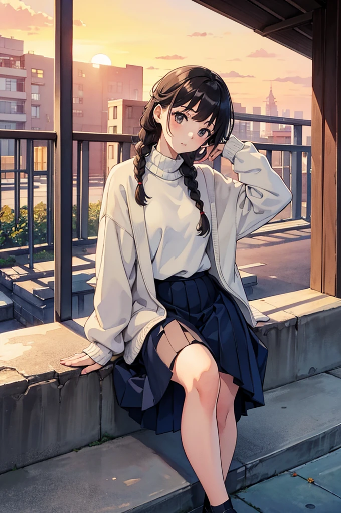 Masterpiece, (8K, highest quality), (Simple, pale watercolor), 1 cute girl, Japanese, braids, (Sunset: 1.2), (Sitting: 1.0), (Slight smile: 0.7), Warm sweater, (Reinforced concrete school stairs: 1.0), (knee up: 1.25), (make: 0.1)