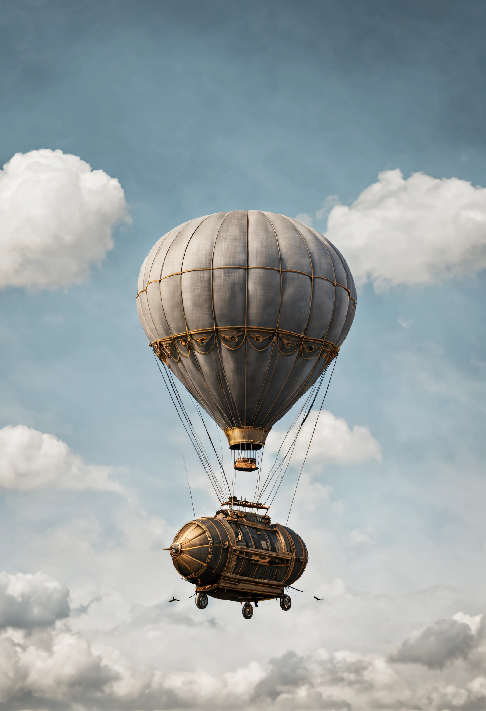 steampunc, a lonely airship flies in the sky, ball of rough gray fabric, flat plain below